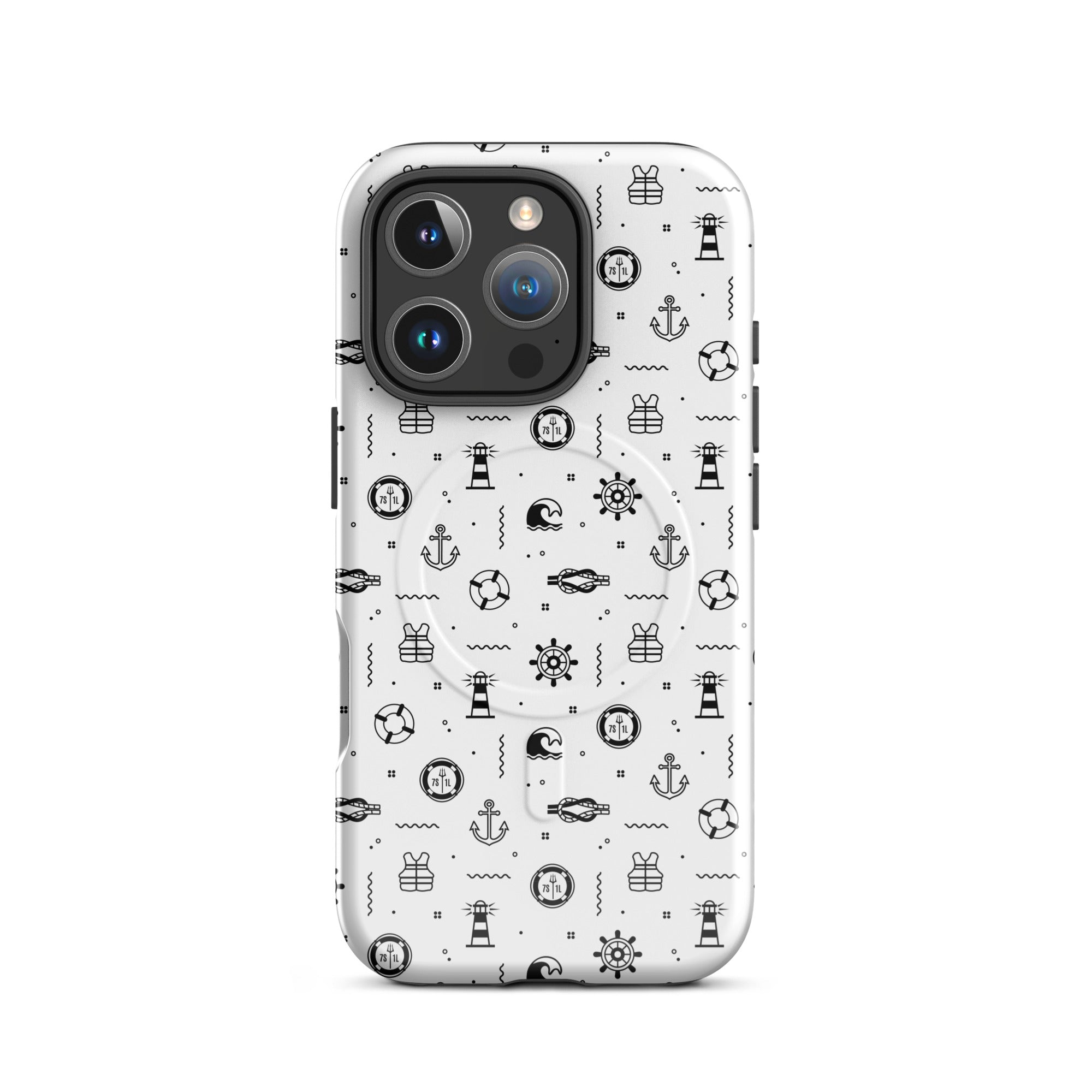 iPhone case in white with black maritime pattern