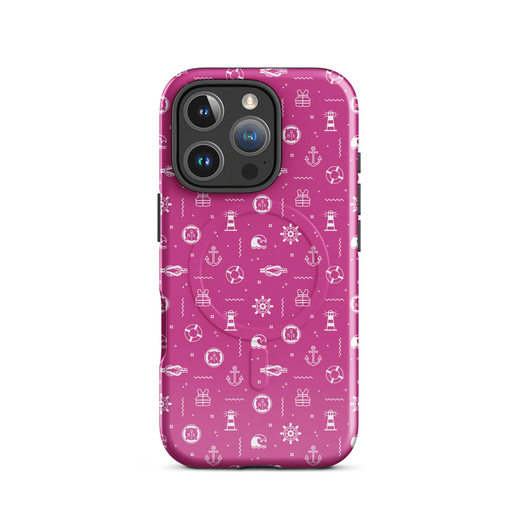 Glossy Anchor & Lighthouse Nautical MagSafe iPhone case by 7SHORT1LONG® on iPhone 16 Pro, featuring maritime design and magnetic compatibility.