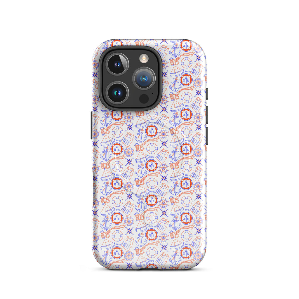 Glossy Coast Guard Nautical iPhone MagSafe case by 7SHORT1LONG® for iPhone 16 Pro, showing the front with nautical design.