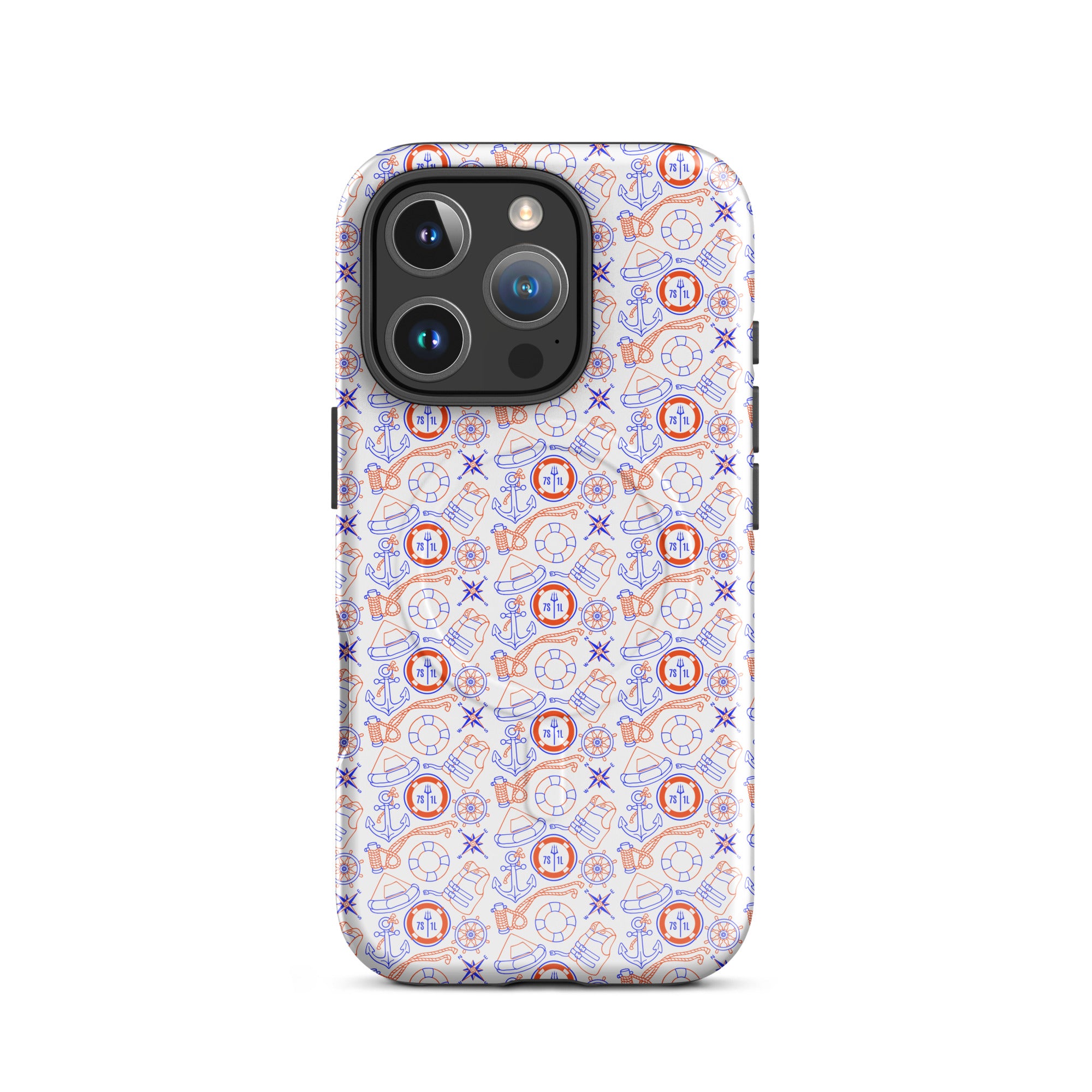 Glossy Coast Guard Nautical iPhone MagSafe case by 7SHORT1LONG® for iPhone 16 Pro, showing the front with nautical design.