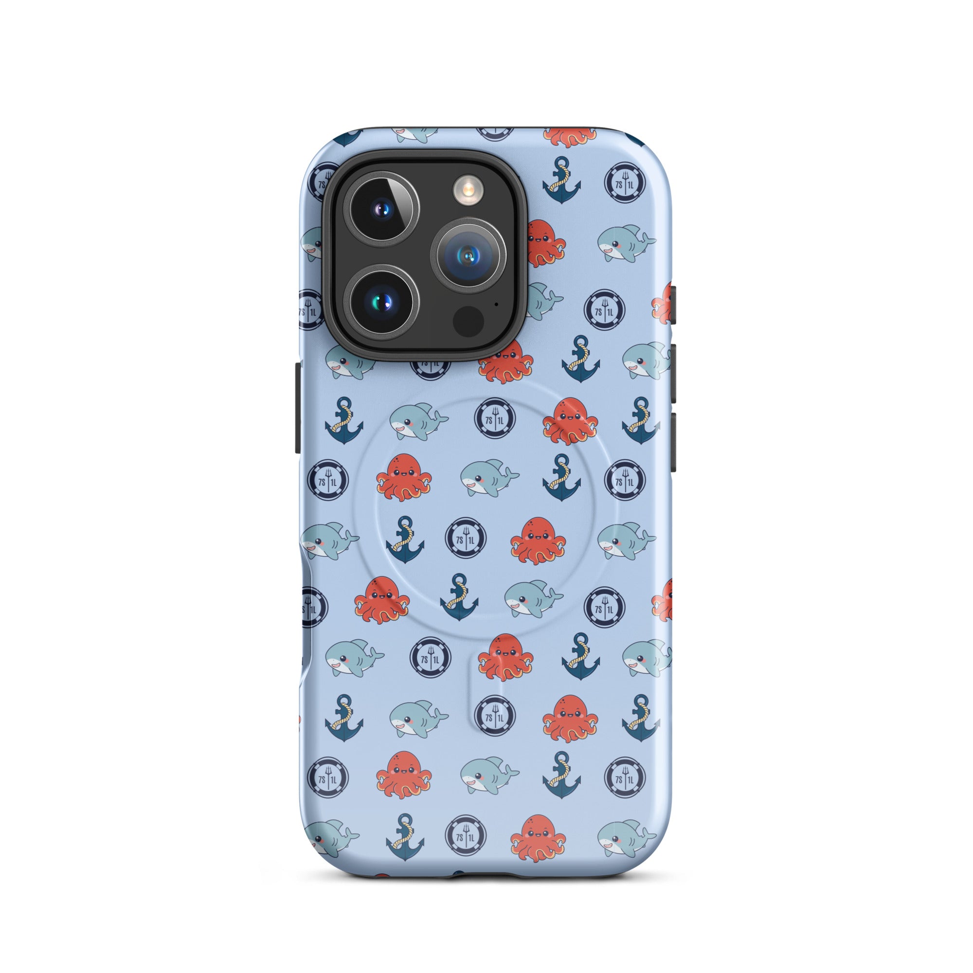 Cute baby octopus iPhone case by 7SHORT1LONG® featuring a glossy ocean-themed design on a MagSafe-compatible tough case for iPhone 16 Pro.