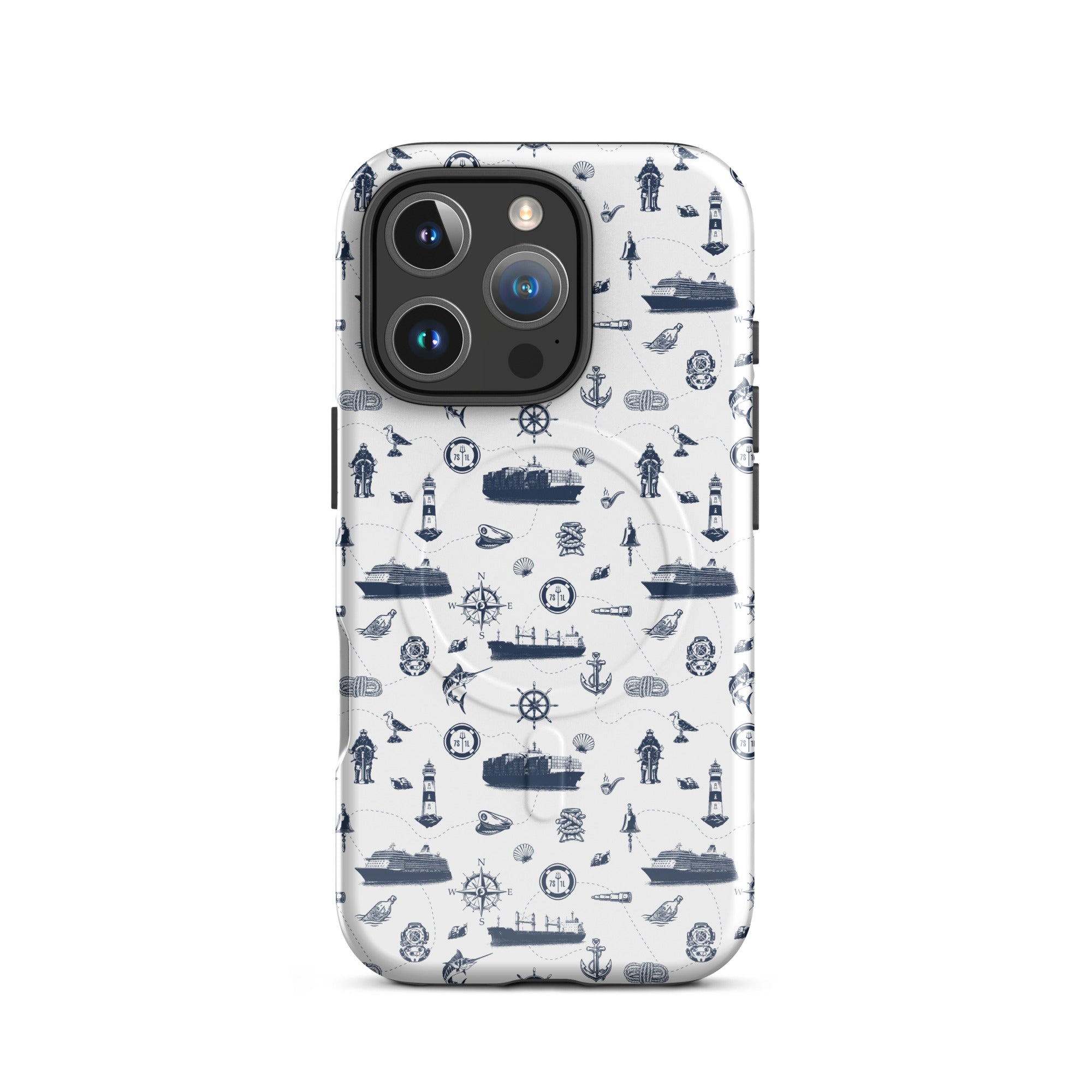 Glossy MagSafe tough case for iPhone 16 Pro featuring a seafarer container ship design by 7SHORT1LONG®.