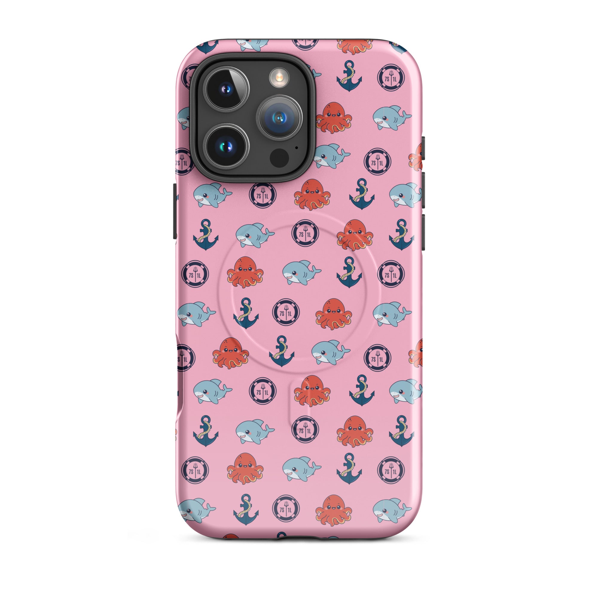 iphone case in pink with baby octopus and baby shark