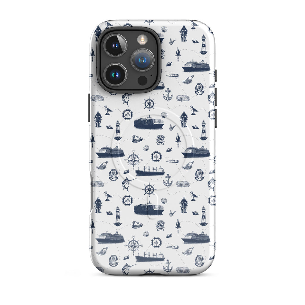 Glossy MagSafe Tough Case for iPhone 16 Pro Max featuring a seafarer-themed container ship design by 7SHORT1LONG®.