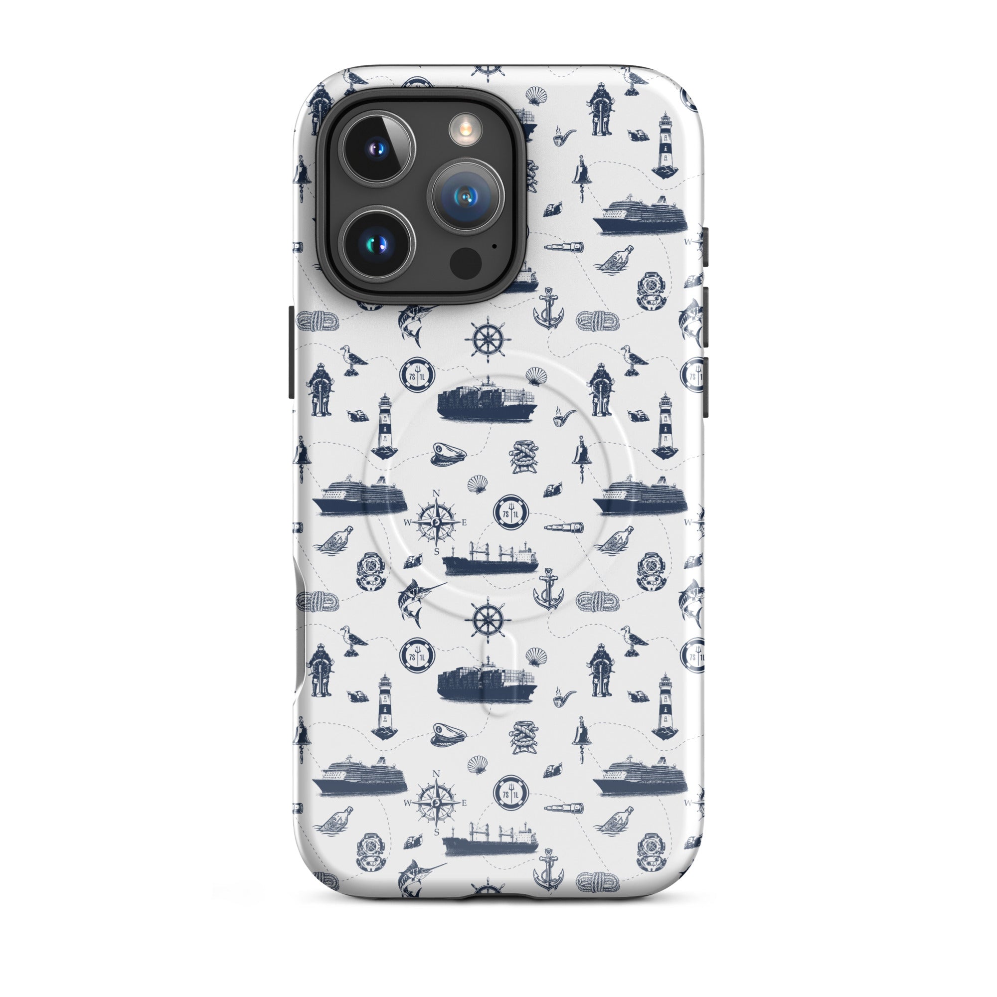 Glossy MagSafe Tough Case for iPhone 16 Pro Max featuring a seafarer-themed container ship design by 7SHORT1LONG®.