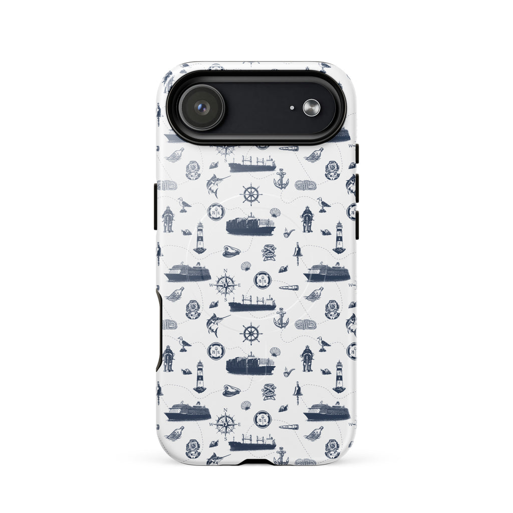 Glossy MagSafe tough iPhone 17 case with seafarer container ship design by 7SHORT1LONG®.
