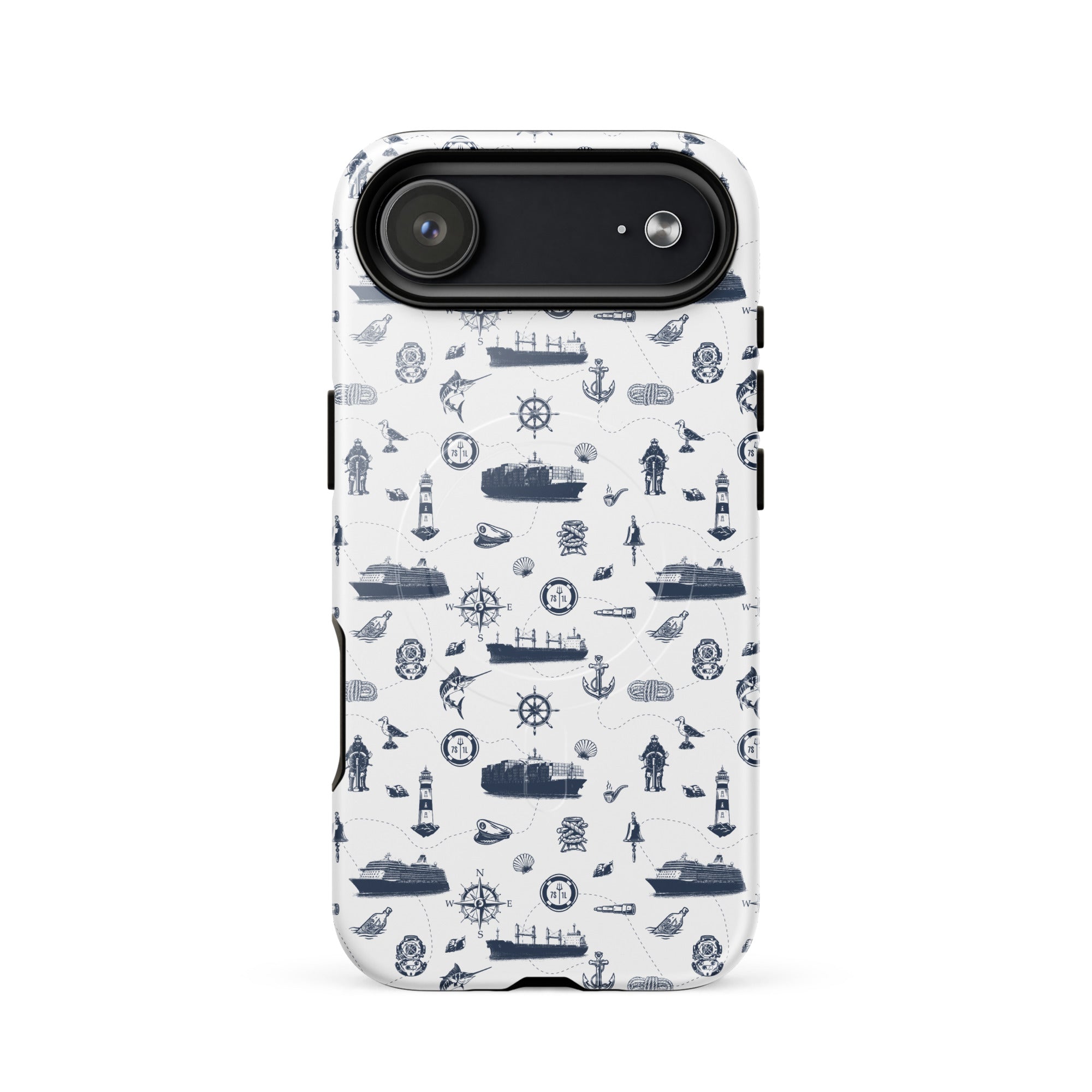 Glossy MagSafe tough iPhone 17 case with seafarer container ship design by 7SHORT1LONG®.