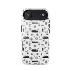 Luxury cruise iPhone case with black and white maritime pattern on a cruise ship