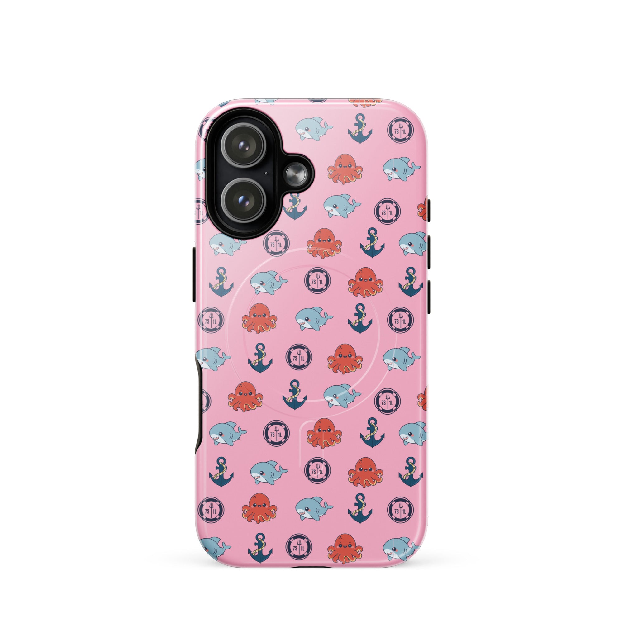 iphone case in pink with baby octopus and baby shark