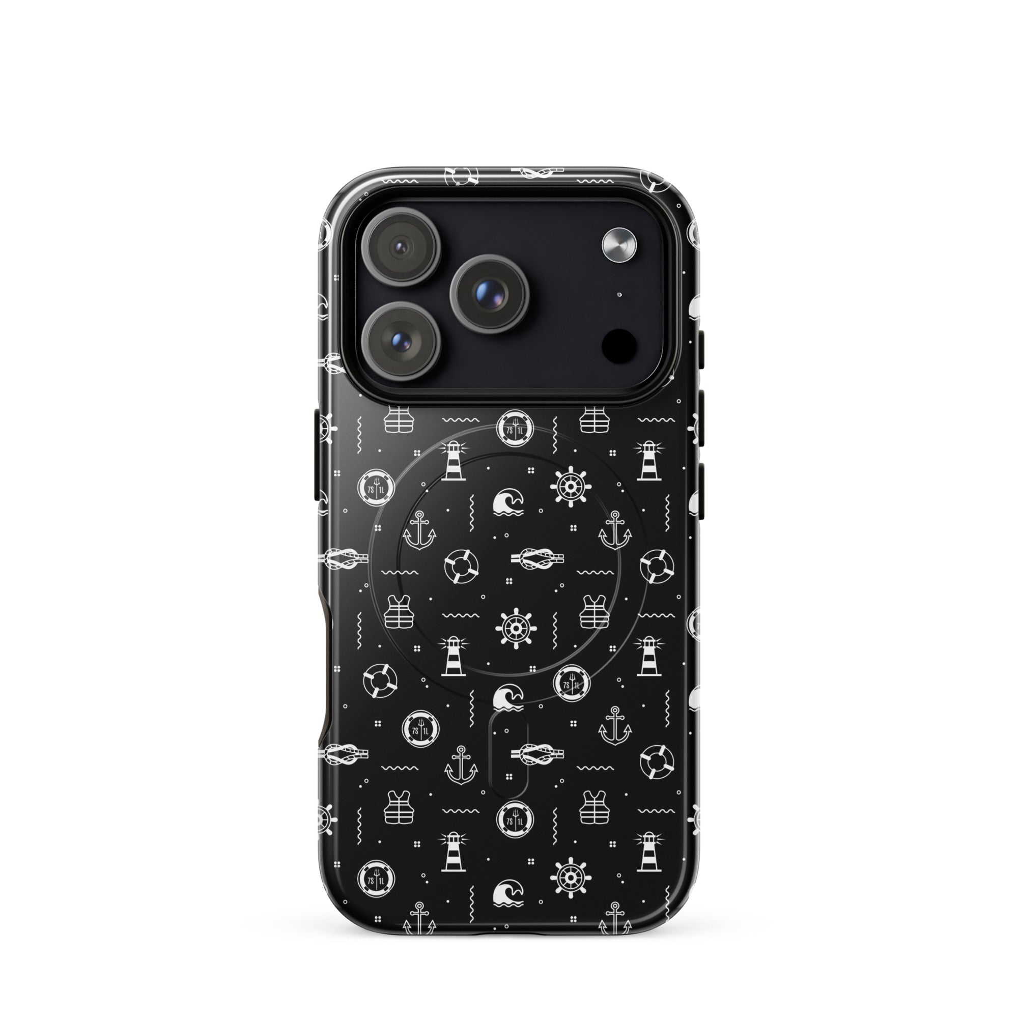iPhone case with maritime pattern on a black background