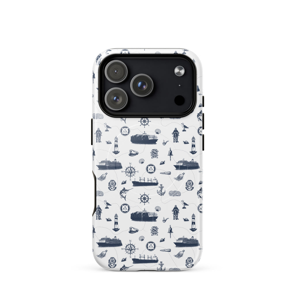 Glossy MagSafe iPhone 17 Pro case with seafarer container ship design by 7SHORT1LONG®, showcasing a durable protective cover.