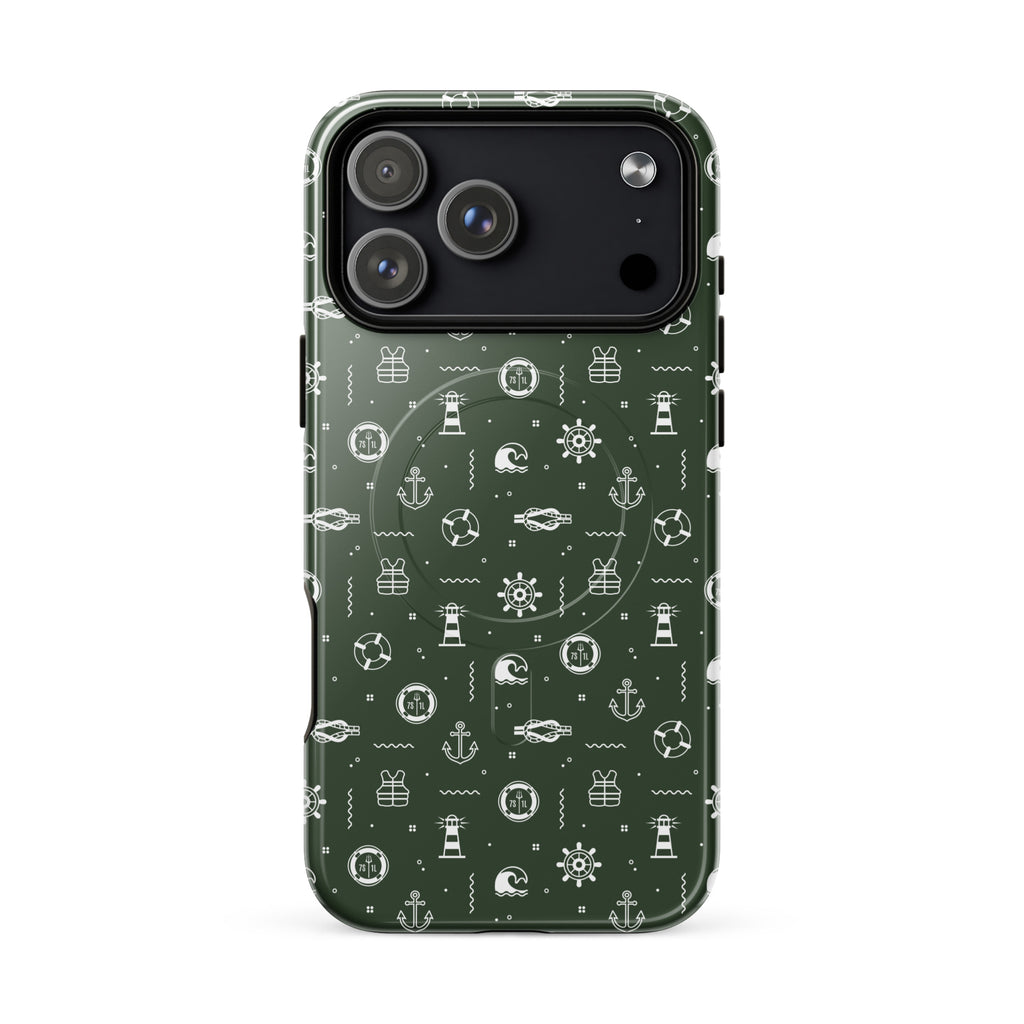 iPhone case with a maritime nautical pattern on a green background