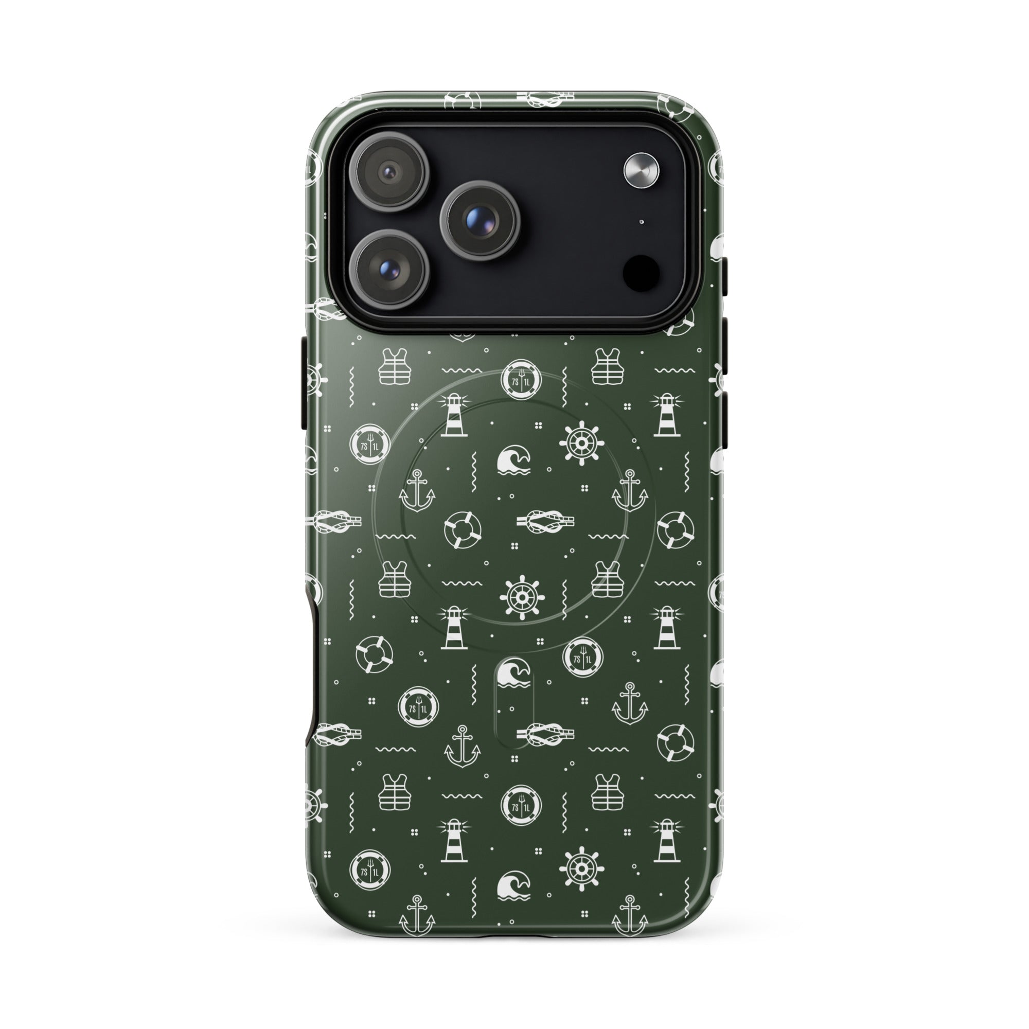 iPhone case with a maritime nautical pattern on a green background