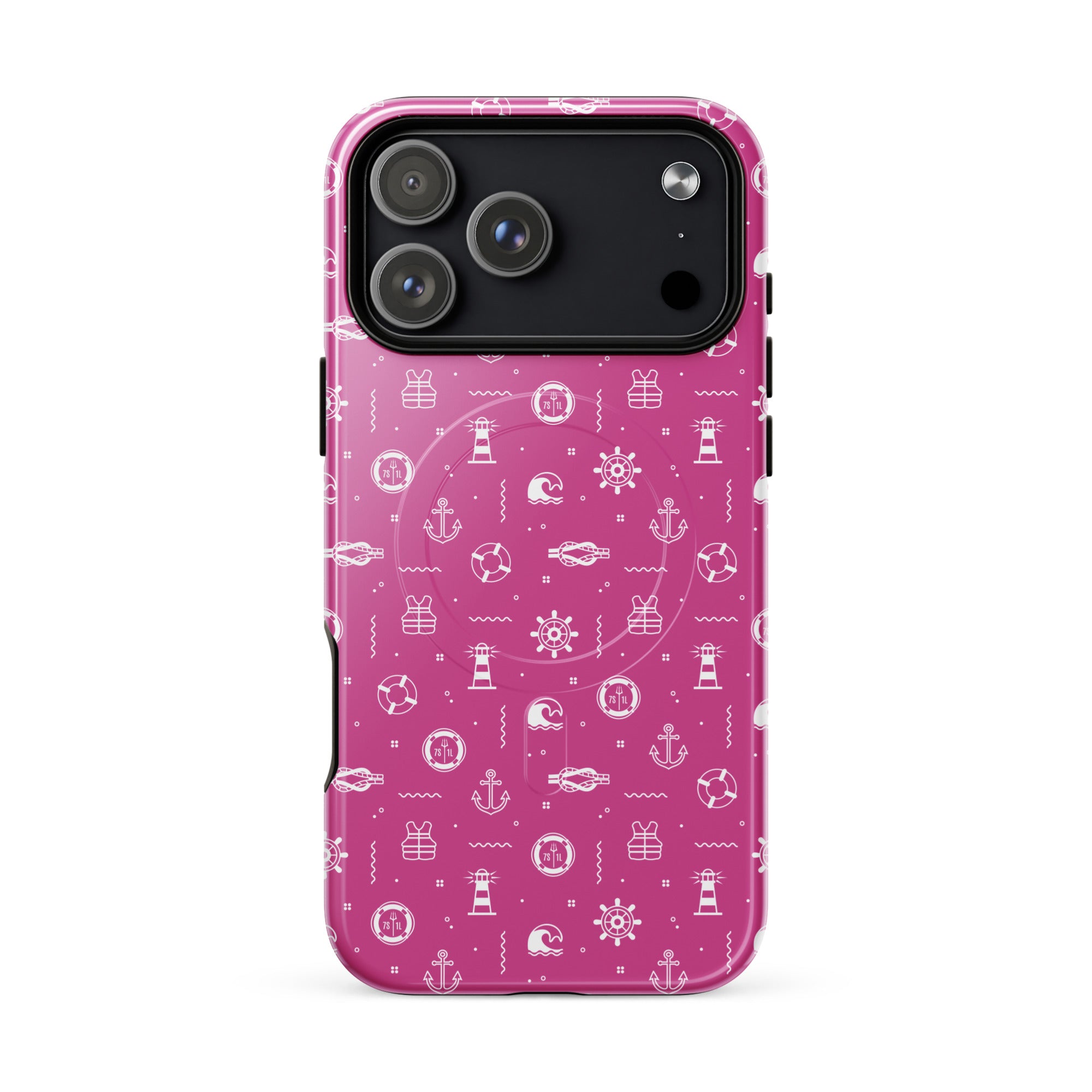 iPhone case with a pink background and white nautical maritime design  Main image