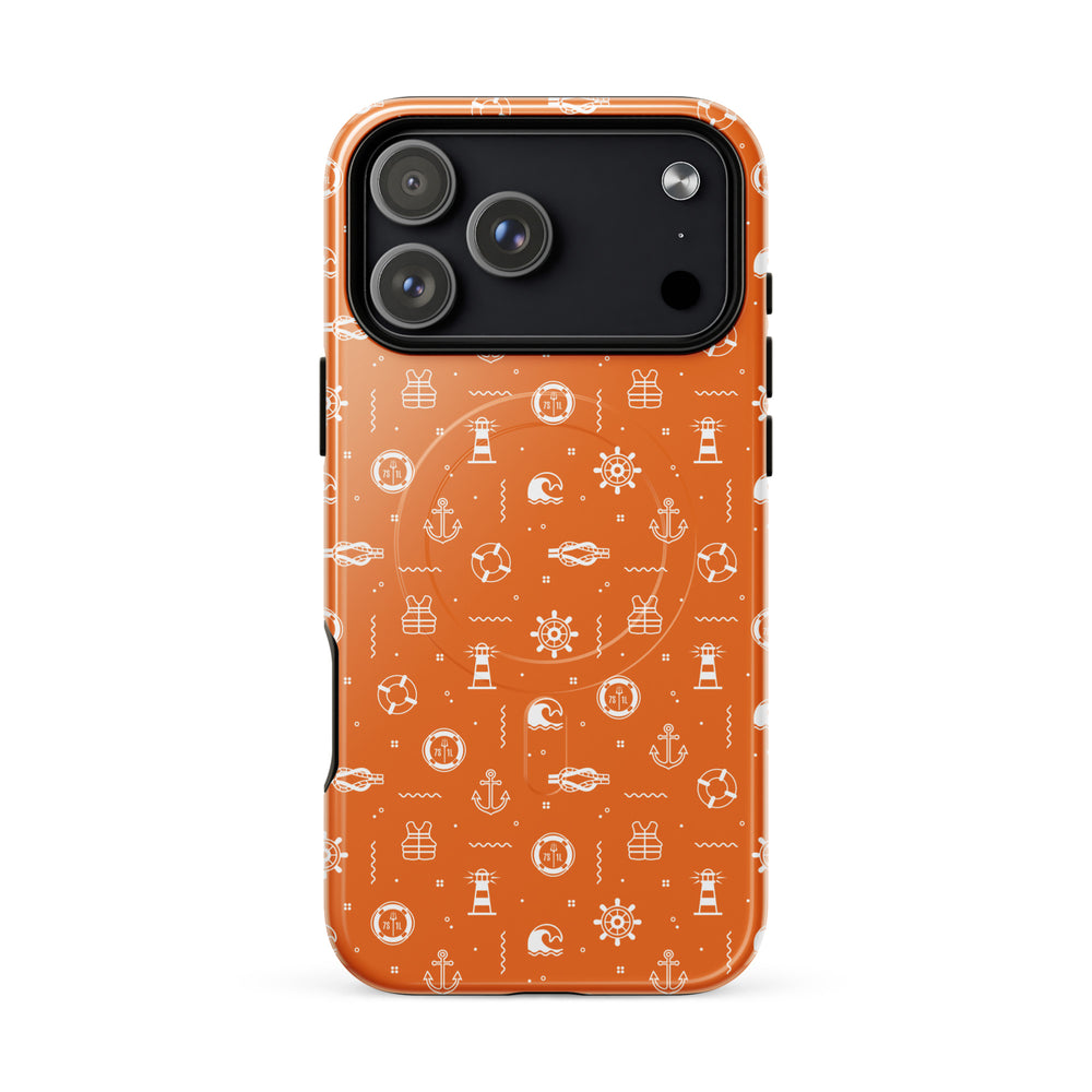 Phone case with maritime pattern on an orange background
