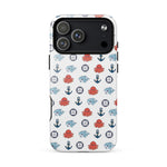 Phone case with nautical pattern featuring octopuses, anchors, and bubbles on a white background