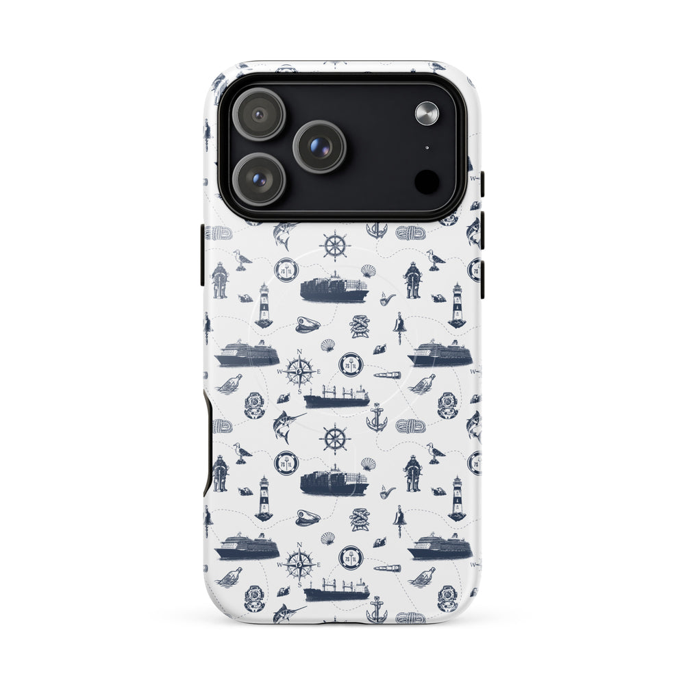 iPhone case with navy lexury nautical pattern on a white background