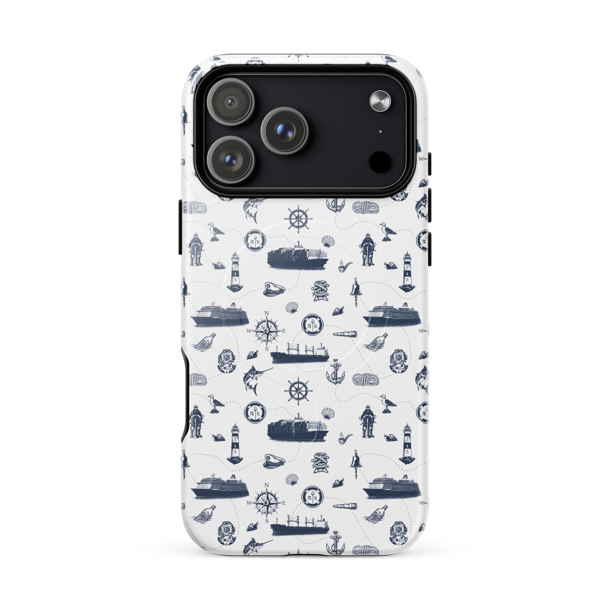 Seafarer design Container Ship iPhone case by 7SHORT1LONG® with glossy finish for iPhone 17 Pro Max, MagSafe compatible.