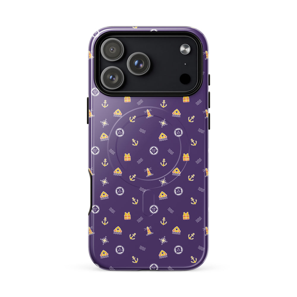 Phone case with a purple background and small icons on a white background