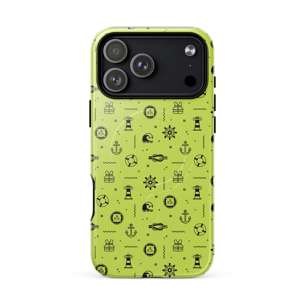 iPhone 17 case with black pattern on a lemon green background