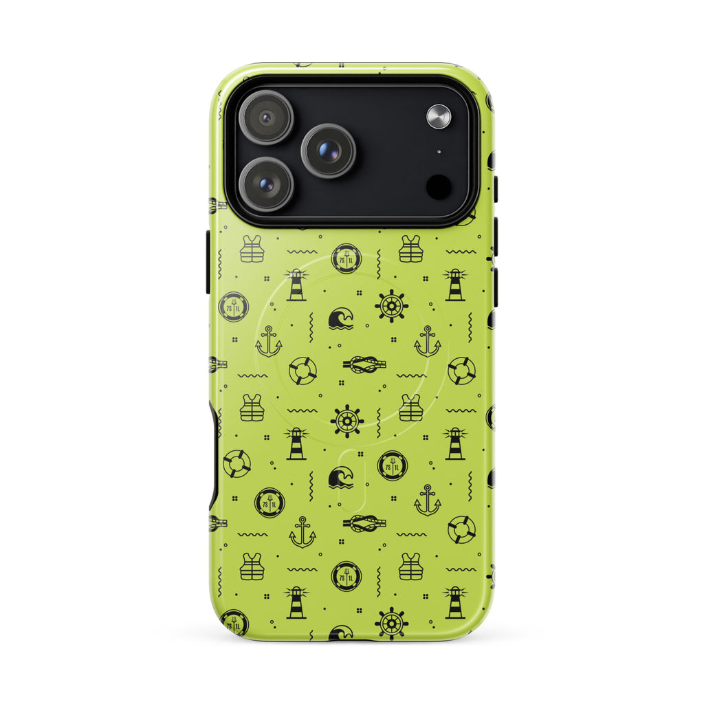 iPhone 17 case with a black nautical pattern on a lemon green background