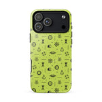 iPhone 17 case with black pattern on a lemon green background