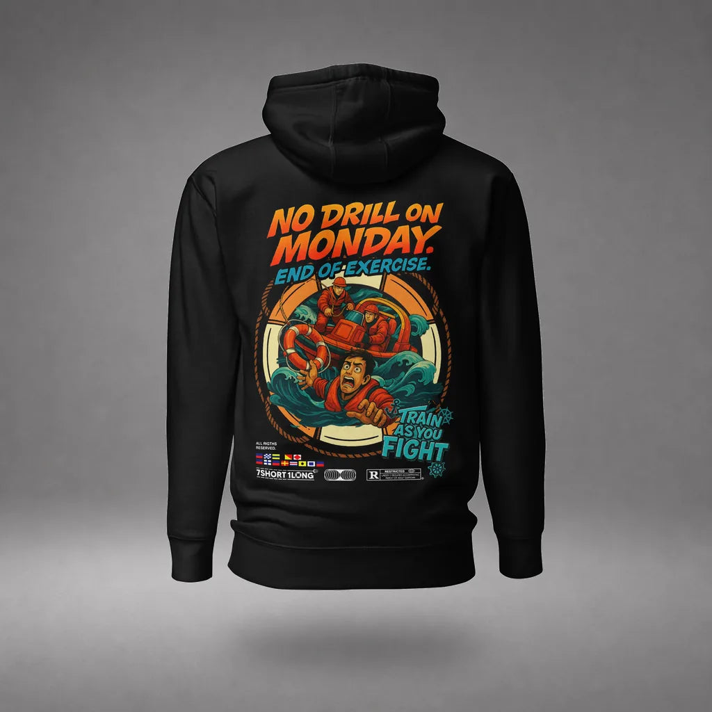 Man Overboard Hoodie in Black, back view, floating over a gray studio floor.