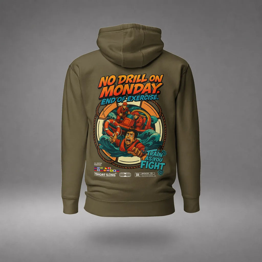 Man Overboard Hoodie in Military Green, back view, floating over a gray studio floor.