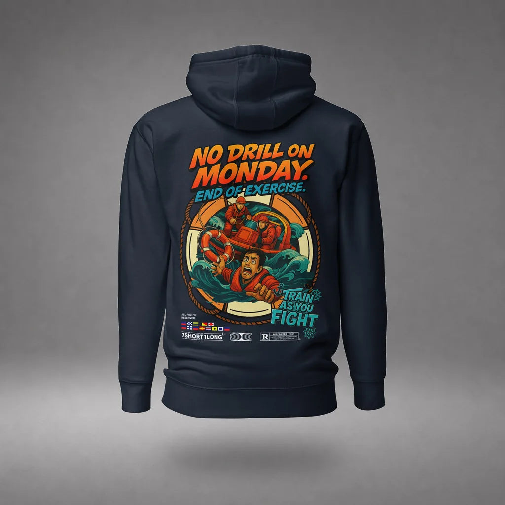Man Overboard Hoodie in Navy Blazer, back view, floating over a gray studio floor.