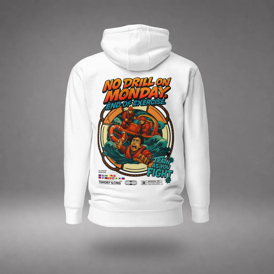 Man Overboard Hoodie in White, featured product view, floating over a gray studio floor.