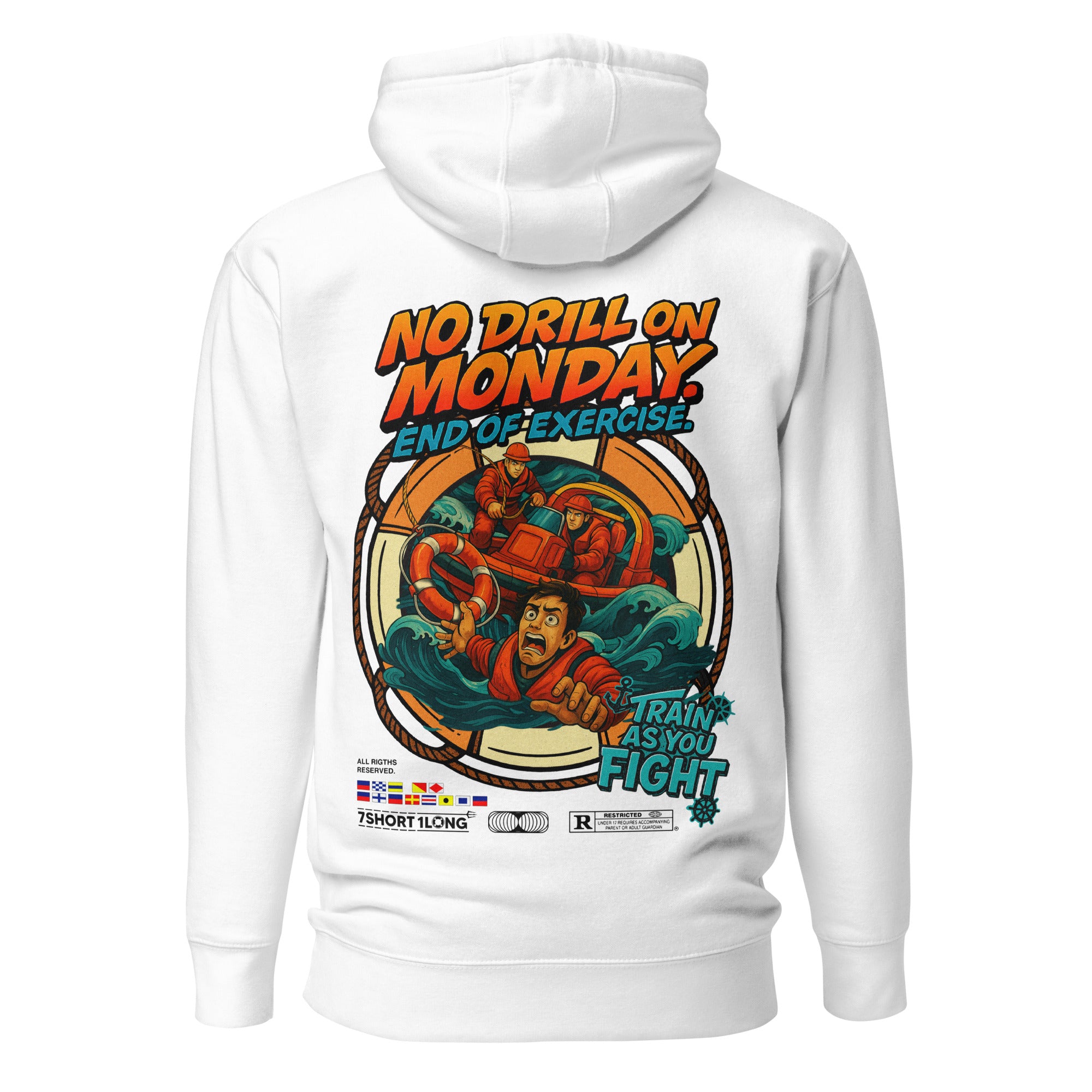 Man wearing a 7SHORT1LONG® Man Overboard hoodie, showcasing the stylish, comfortable hoodie with overboard graphic design. Main image