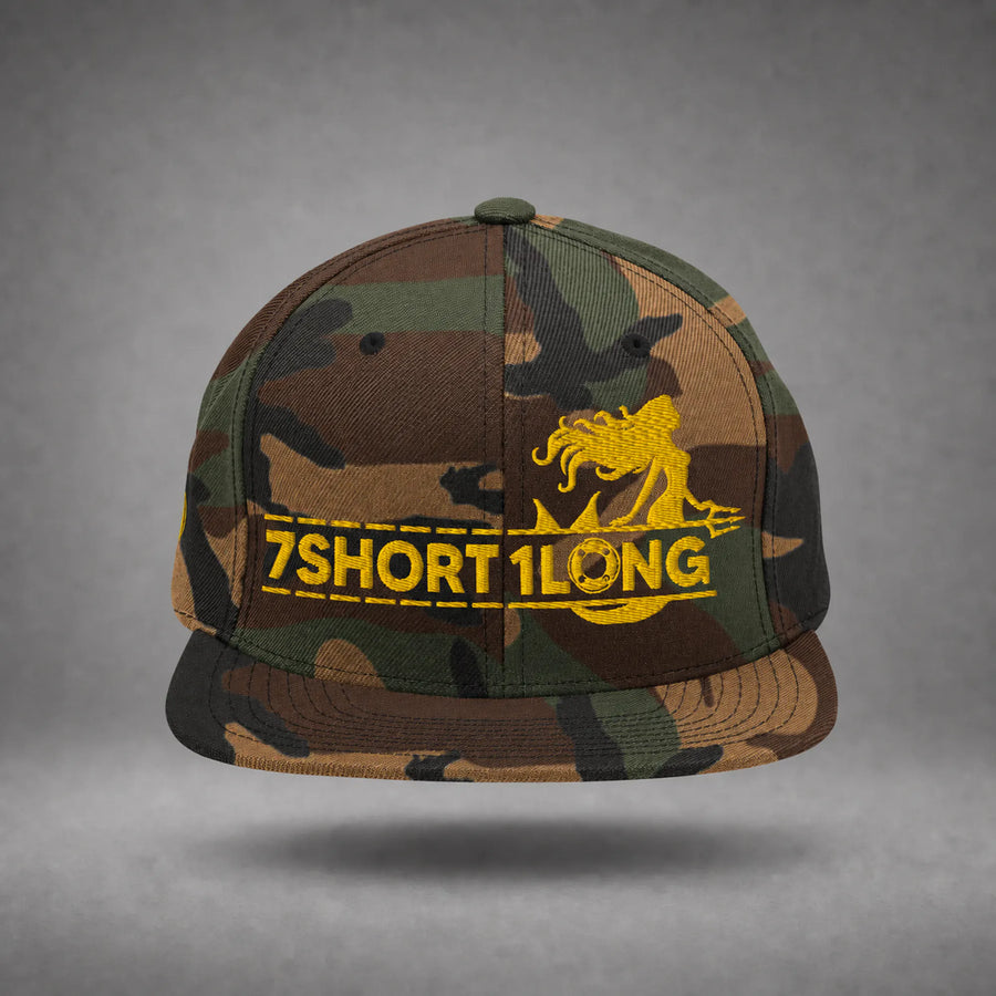 Green Camo Maritime Mermaid snapback cap shown from the front in a gray floating studio.