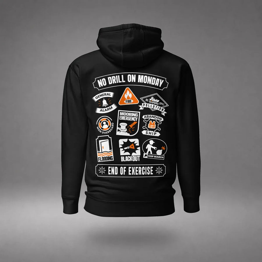 Maritime Safety Drill Hoodie in Black, featured product view, floating over a gray studio floor.