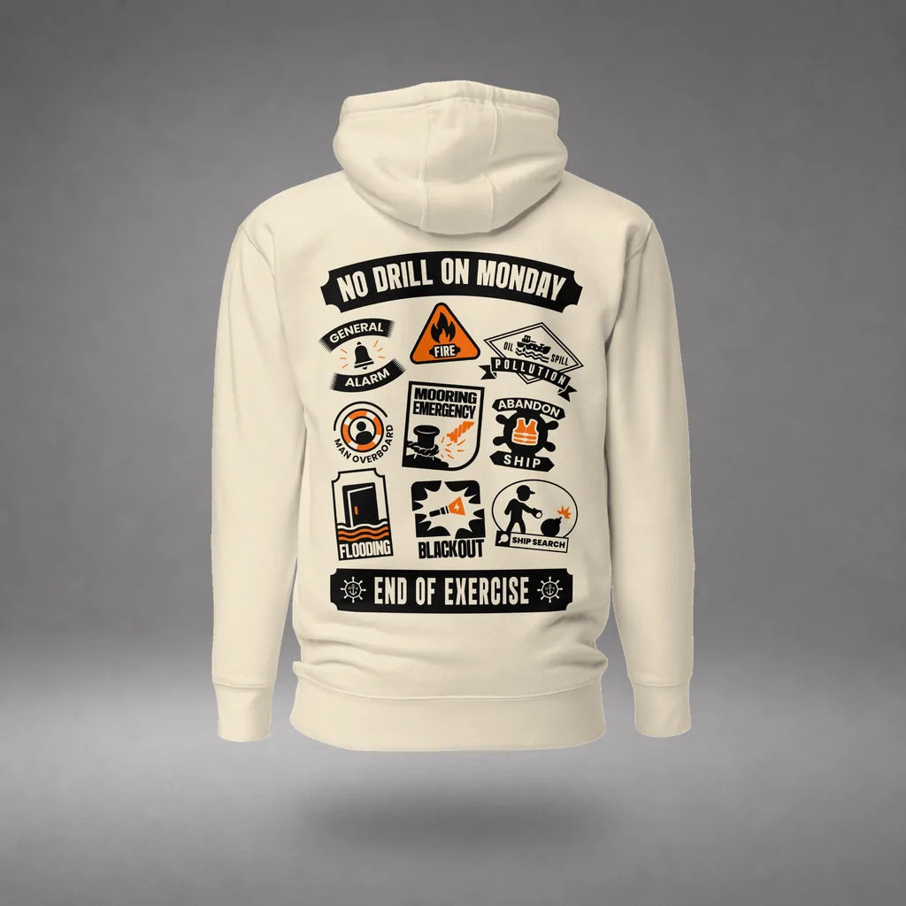 Maritime Safety Drill Hoodie in Bone, back view, floating over a gray studio floor.