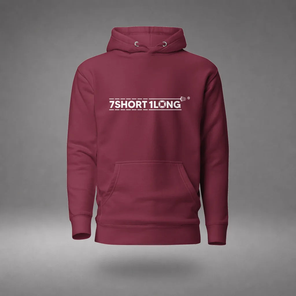 Maritime Safety Drill Hoodie in Maroon, front view, floating over a gray studio floor.
