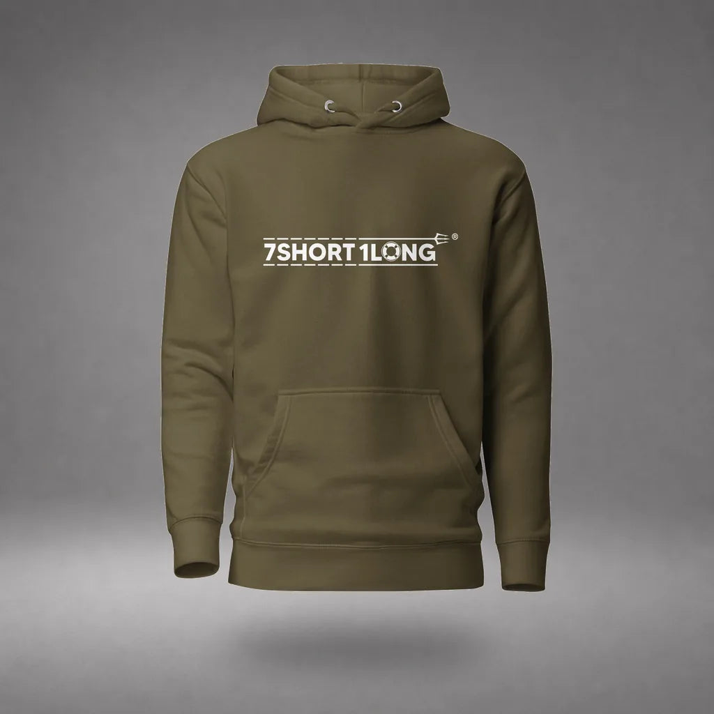 Maritime Safety Drill Hoodie in Military Green, front view, floating over a gray studio floor.