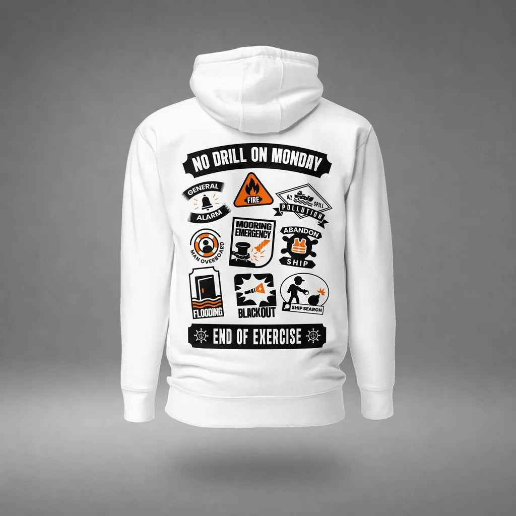 Maritime Safety Drill Hoodie in White, back view, floating over a gray studio floor.