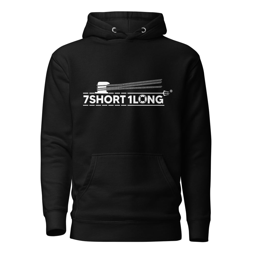 Maritime Deckhand Crew Hoodie by 7SHORT1LONG® featuring navy blue fabric, front pocket, and nautical-inspired design.