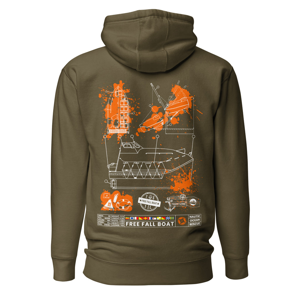 Maritime survival hoodie featuring a Free Fall Lifeboat design by 7SHORT1LONG® with a front print and comfortable fabric.