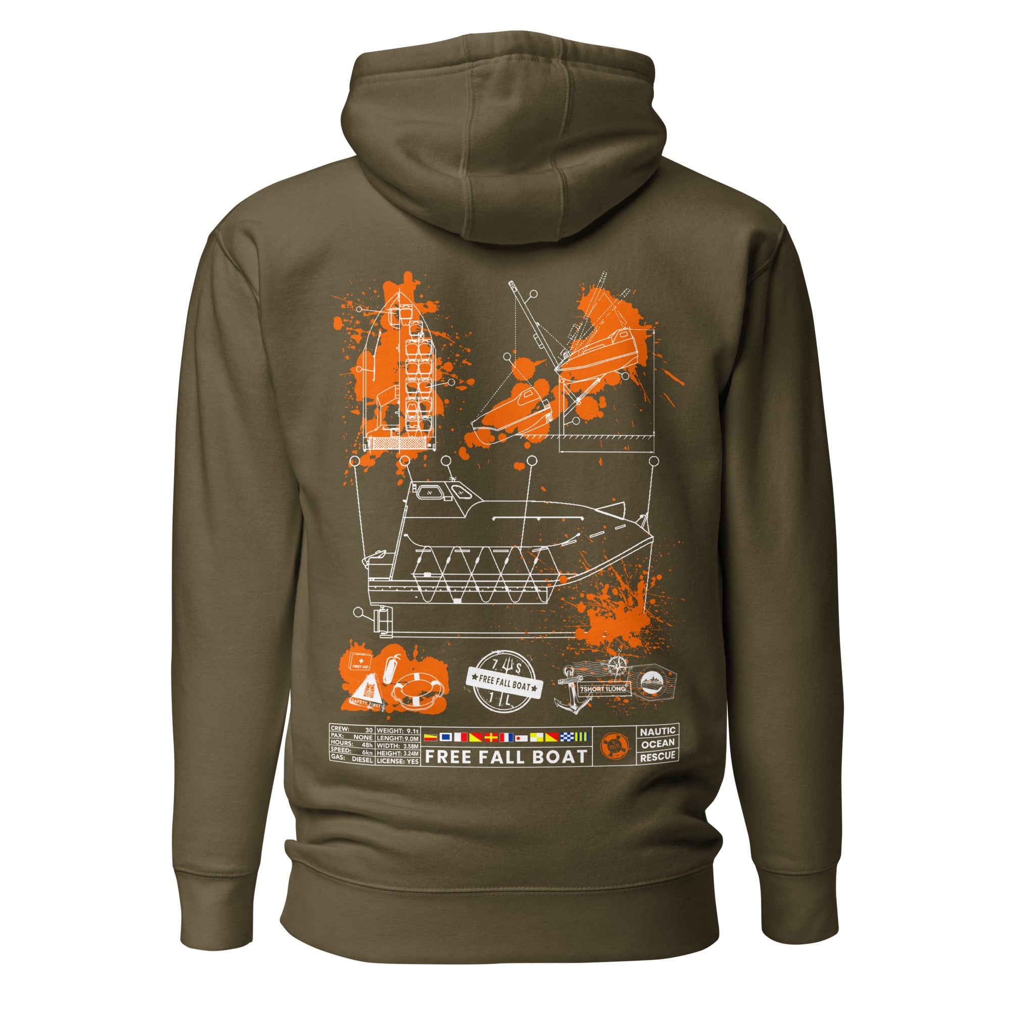 Maritime survival hoodie featuring a Free Fall Lifeboat design by 7SHORT1LONG® with a front print and comfortable fabric.