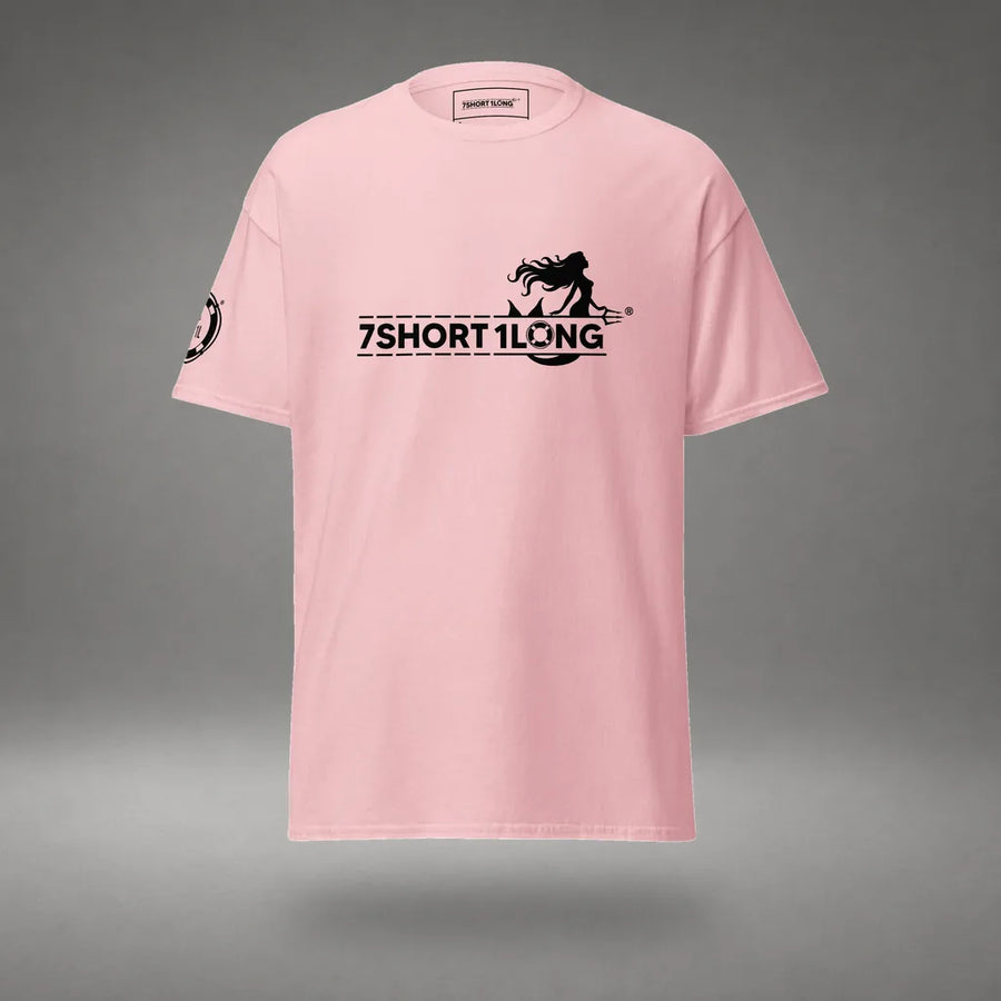 Mermaid Club Nautical T-Shirt in Light Pink, front view, floating over a gray studio floor.