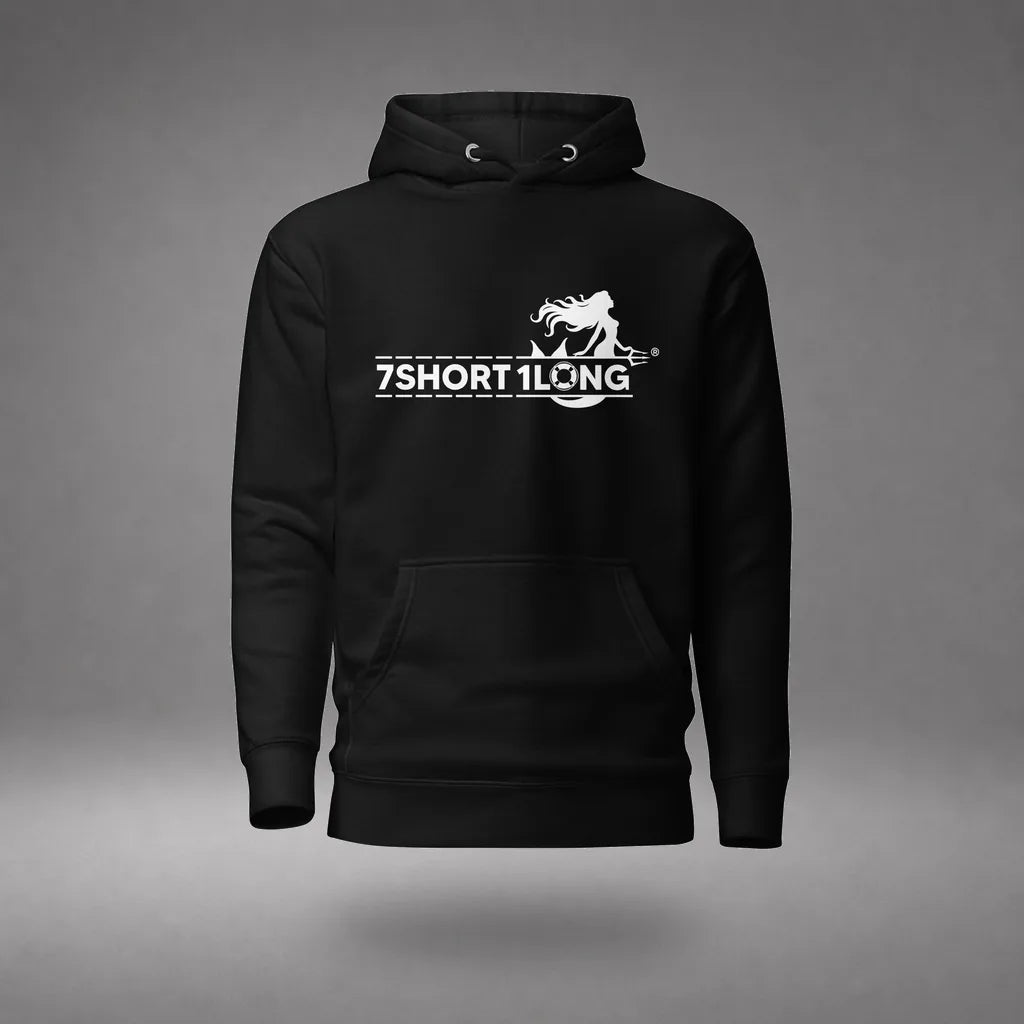 Mermaid Cruise Ship Hoodie in Black, featured product view, floating over a gray studio floor.