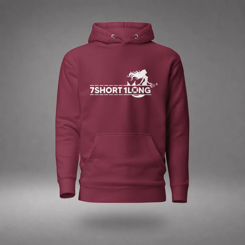 Mermaid Cruise Ship Hoodie in Maroon, featured product view, floating over a gray studio floor.