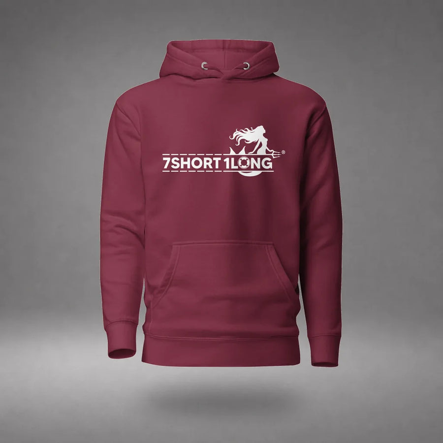 Mermaid Cruise Ship Hoodie in Maroon, featured product view, floating over a gray studio floor.