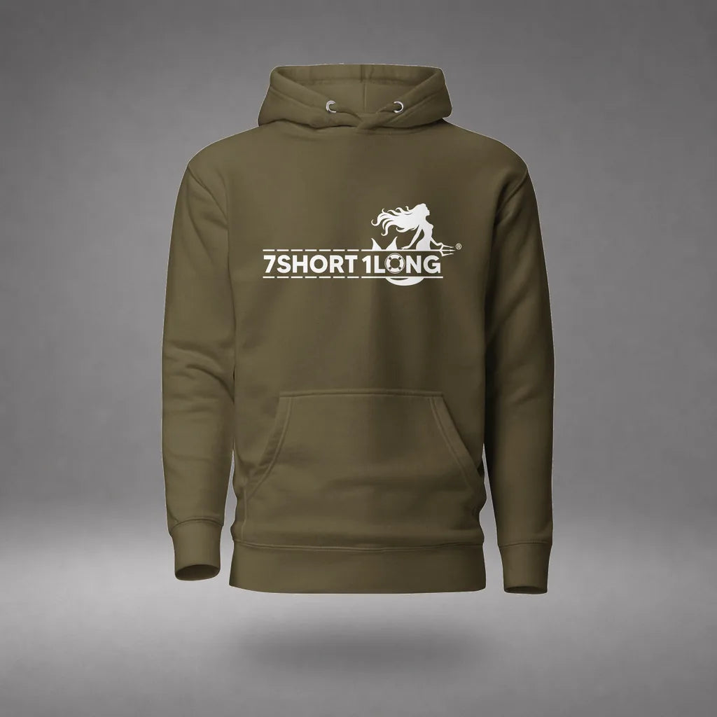 Mermaid Cruise Ship Hoodie in Military Green, featured product view, floating over a gray studio floor.