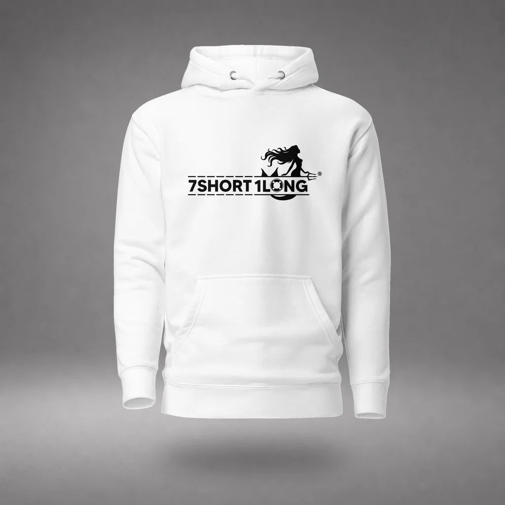 Mermaid Cruise Ship Hoodie in White, featured product view, floating over a gray studio floor.