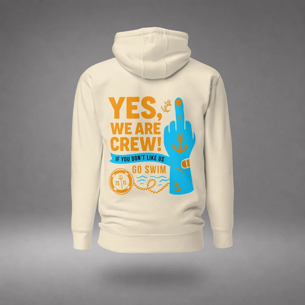 Middle Finger Crew Hoodie in Bone, back view, floating over a gray studio floor.