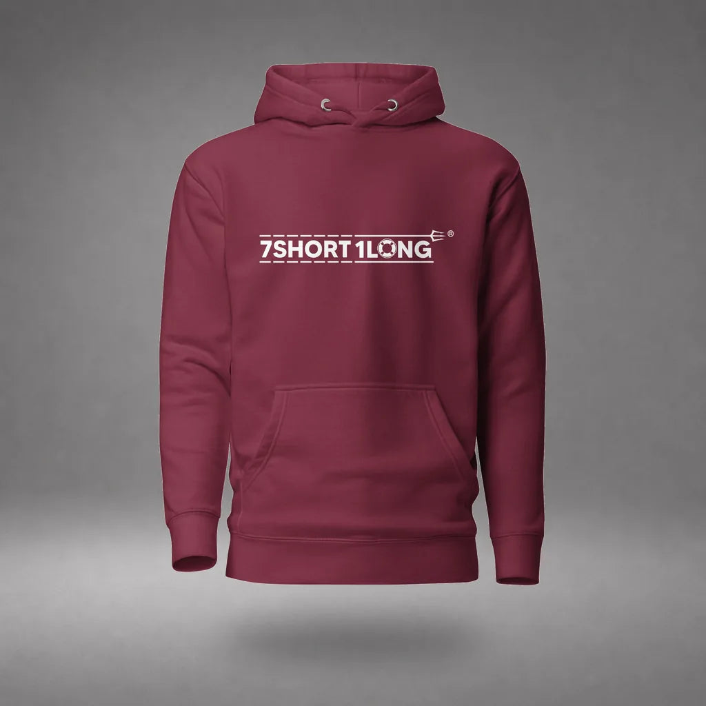 Middle Finger Crew Hoodie in Maroon, front view, floating over a gray studio floor.