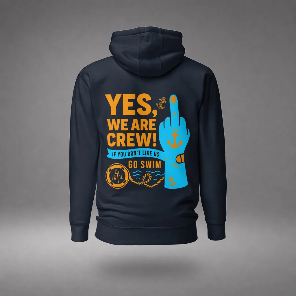 Middle Finger Crew Hoodie in Navy Blazer, back view, floating over a gray studio floor.