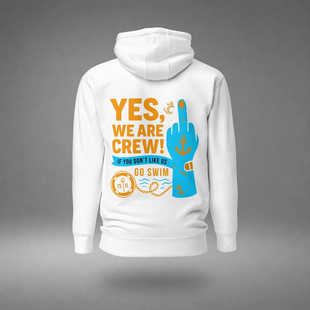 Middle Finger Crew Hoodie in White, back view, floating over a gray studio floor.